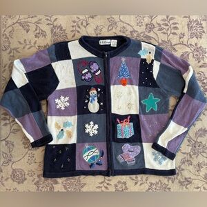 Vintage Women’s Zip Up Embroidered Christmas Sweater Cardigan Natural Fibers